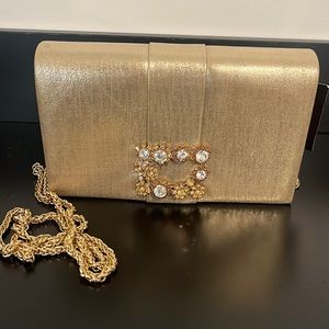 Gorgeous new with tags evening, shoulder bag, gold with shoulder chain